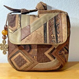 VTG 80s Sharif Patchwork Bag Beige Brown Leather Fabric Shoulder Purse